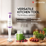 Longway Blendy Hand Blender with Stainless Steel Blades | Detachable Anti Splash Plastic Foot | Perfect for Smooth Blends (300 W, Purple)