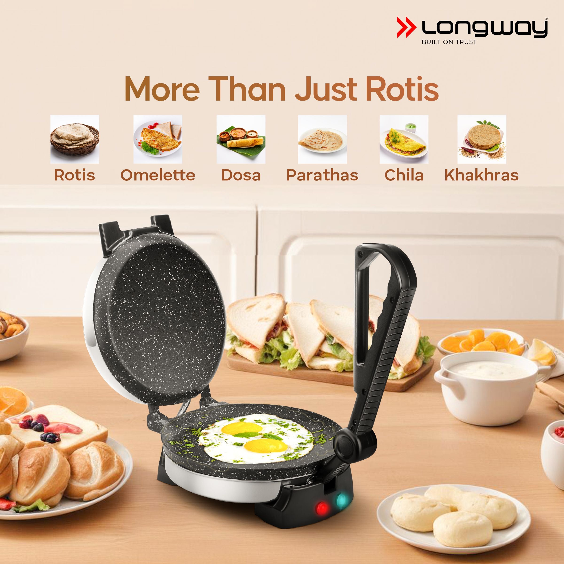 Longway Automatic Electric Roti Maker | Non-Stick Stainless Steel Press for Roti, Chapati & Parathas Multipurpose | 1 Year Warranty (1000 W, Silver)