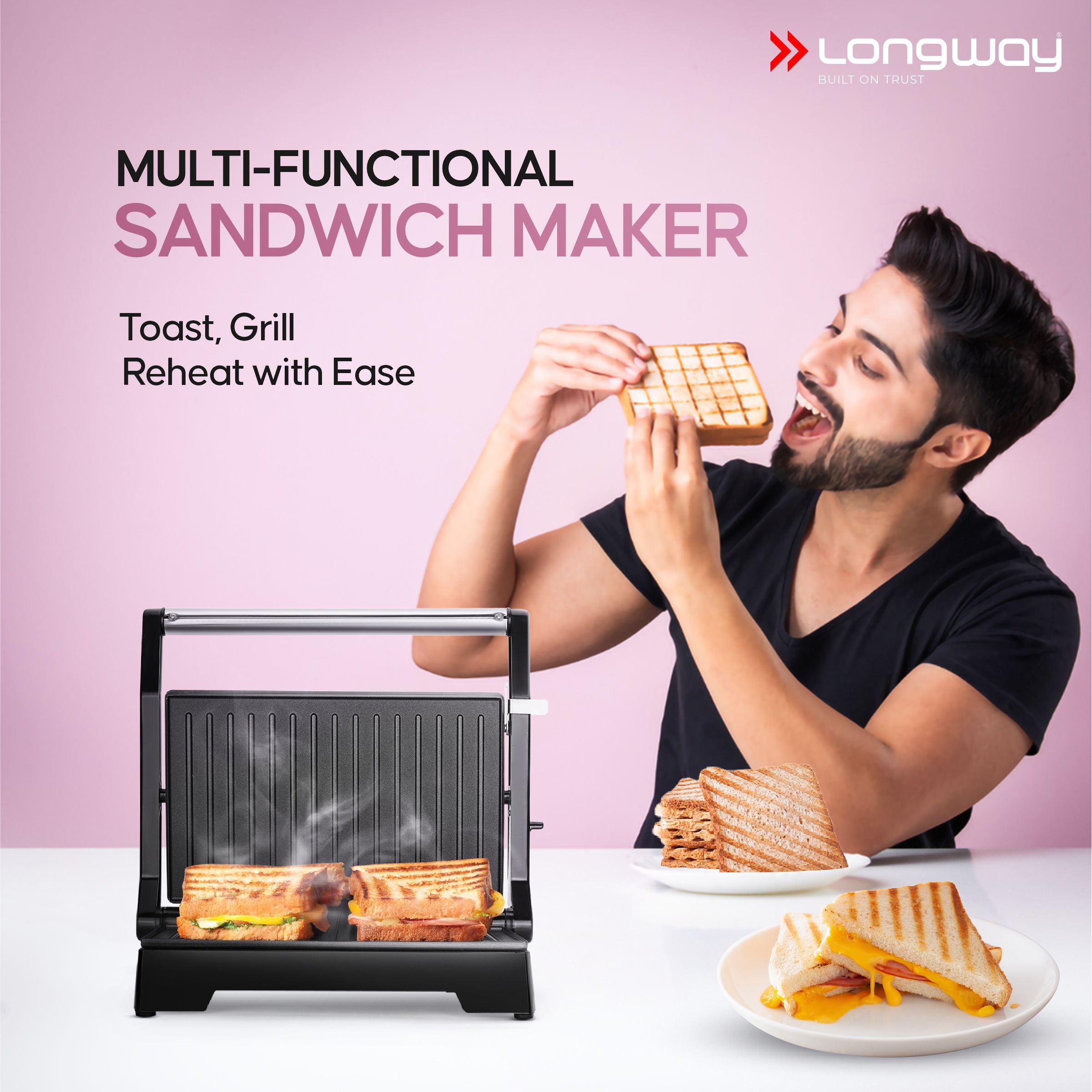 Longway Crisp Master 1000 W Electric Panini Sandwich Maker, Grill & Toaster | Non-stick Coating Cast Aluminum Plates | Adjustable Height Control & Floating Hinges | Grills Sandwiches, Bread, Burger, Grilled Chicken & Kebabs (Metallic Silver)