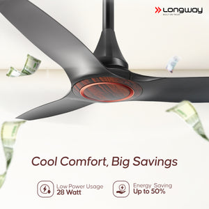 Longway Glideon 1200mm BLDC Ceiling Fan with Remote Control | Premium Look with Ultra Silent Performance | ABS Blade & Body | BEE 5 Star Rated | Anti-Dust Decorative Ceiling Fan | 5 Years Warranty