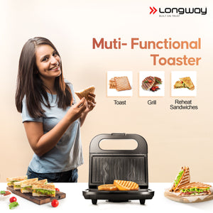 Longway Grilly Pro 850 W Grill Sandwich Maker & Toaster | Non-stick Coating Cast Aluminum Plates | Grills Sandwiches, Bread & Kebabs | 1 Year Warranty (Metallic Silver)