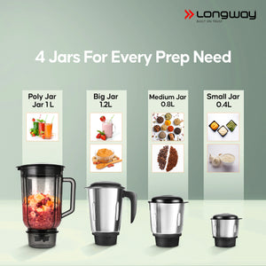 Longway Super Pro Juicer Mixer Grinder | Up to 500 - 750 Watt Max Output Powerful Motor | for Grinding, Mixing, Juicing | 2 Year Warranty