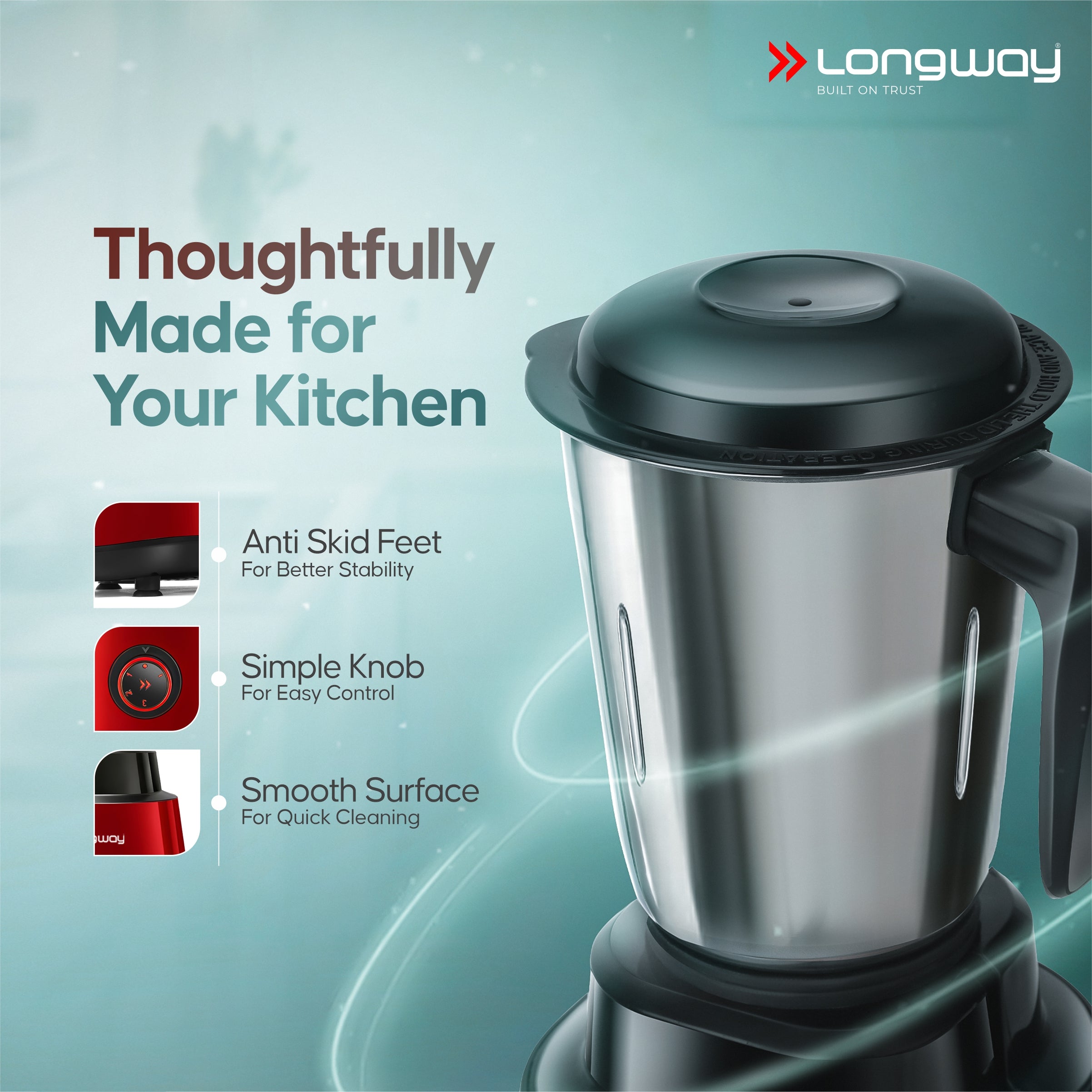 Longway Super Pro Juicer Mixer Grinder | Up to 500 - 750 Watt Max Output Powerful Motor | for Grinding, Mixing, Juicing | 2 Year Warranty