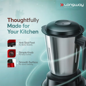 Longway Super Pro Juicer Mixer Grinder | Up to 500 - 750 Watt Max Output Powerful Motor | for Grinding, Mixing, Juicing | 2 Year Warranty