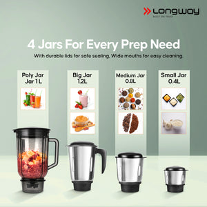 Longway Super Pro Juicer Mixer Grinder | Up to 500 - 750 Watt Max Output Powerful Motor | for Grinding, Mixing, Juicing | 2 Year Warranty