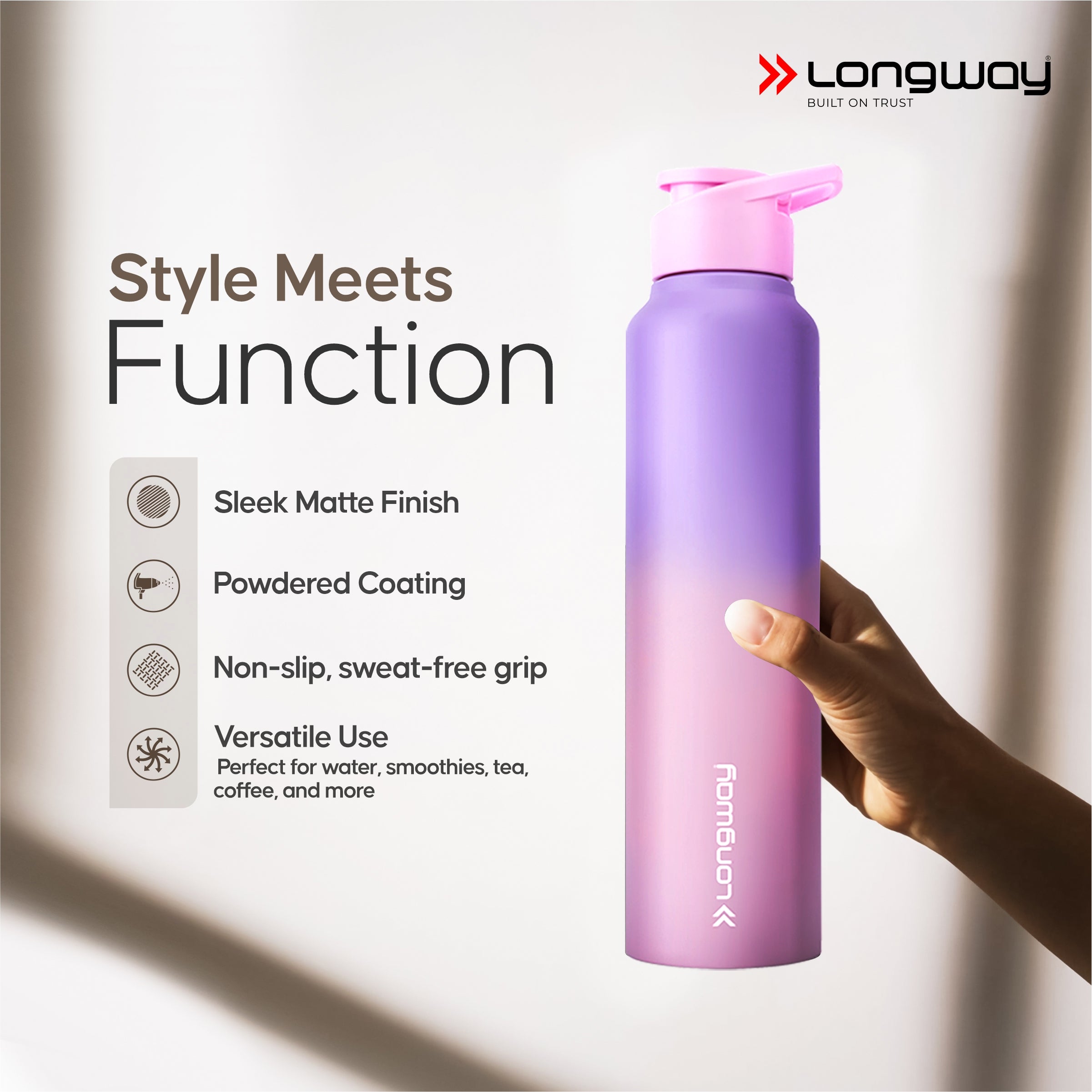 Longway Rush 1 Ltr Stainless Steel Water Bottle | Leak-Proof & Rust-Free Design | Perfect for School, Office, Home, Gym, Travel & Ideal for Men, Women & Kids (1000 ml)