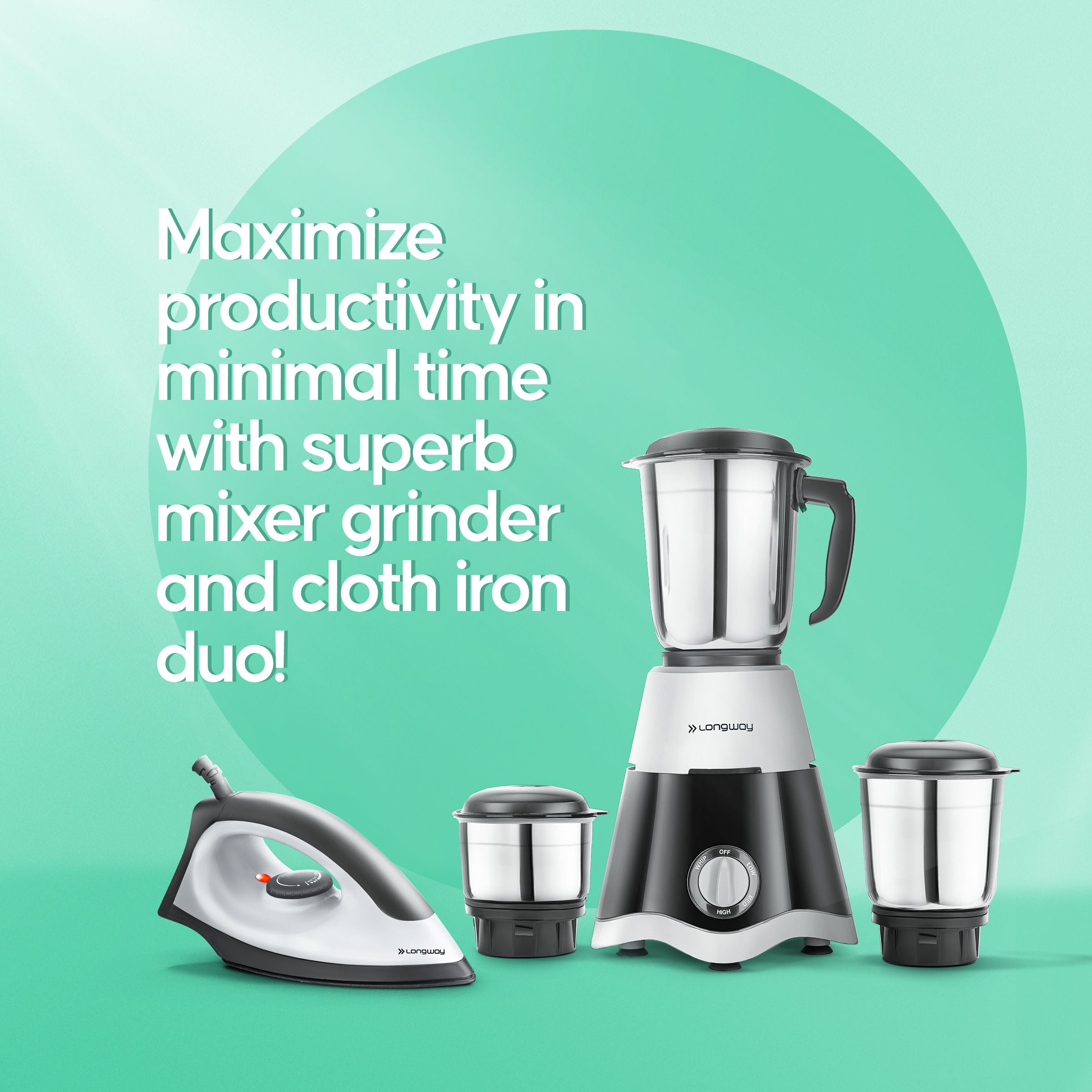 Longway Super Dlx 700 Watt Mixer Grinder with 3 Jars for Grinding, Mixing with Powerful Motor & Kwid 1100 Watt Dry Iron | 1 Year Warranty | (Black & Gray, Combo Offer)