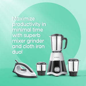 Longway Super Dlx 700 Watt Mixer Grinder with 3 Jars for Grinding, Mixing with Powerful Motor & Kwid 1100 Watt Dry Iron | 1 Year Warranty | (Black & Gray, Combo Offer)