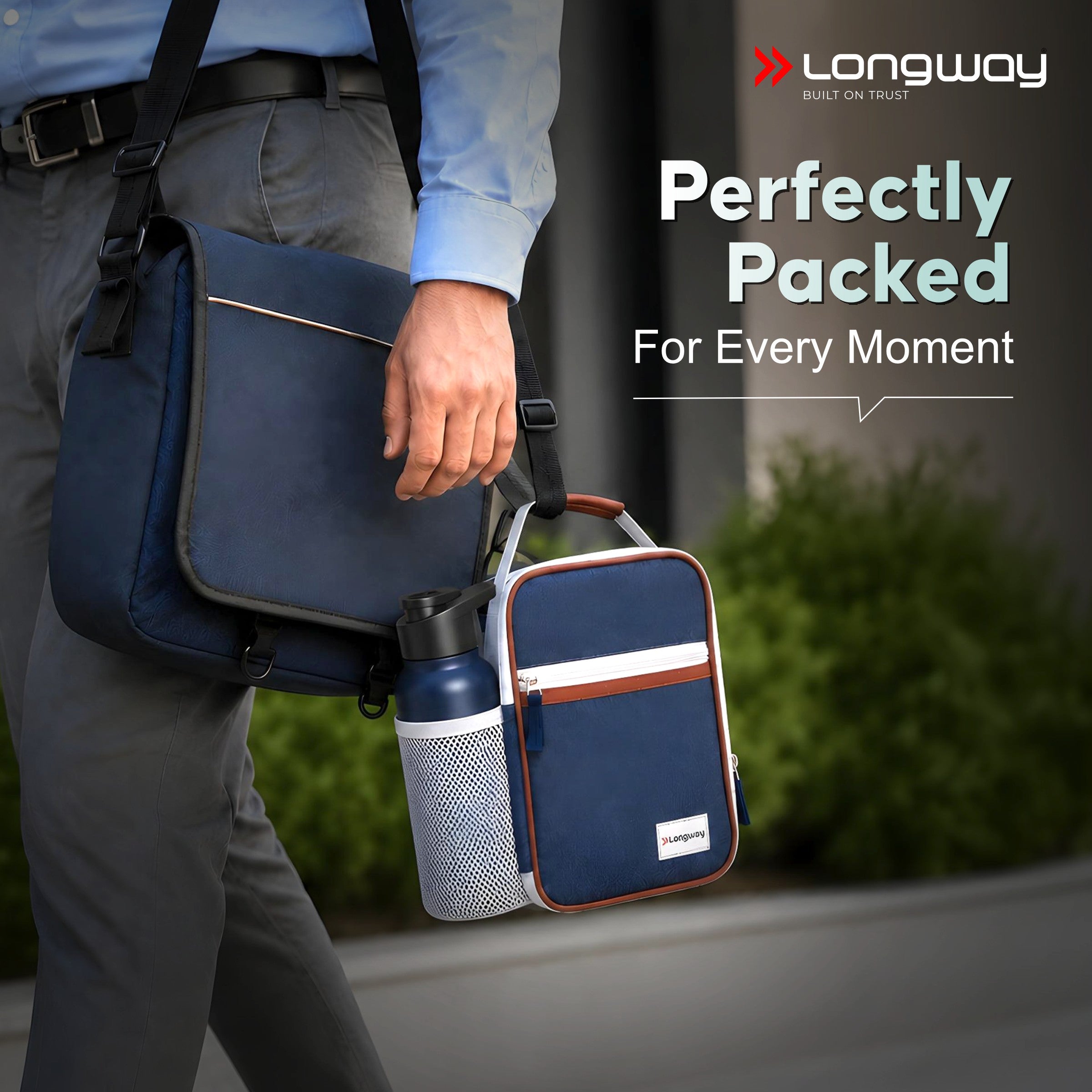 Longway Kivo Lunch Box with 3 Containers, 750ml Stainless Steel Bottle & Insulated Bag | Microwave Safe Food-Grade Containers (290ml, 400ml & 600ml) | Cutlery & Pickle Box