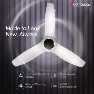 Longway Glideon 1200mm BLDC Ceiling Fan with Remote Control | Premium Look with Ultra Silent Performance | ABS Blade & Body | BEE 5 Star Rated | Anti-Dust Decorative Ceiling Fan | 5 Years Warranty (White, Pack of 1)