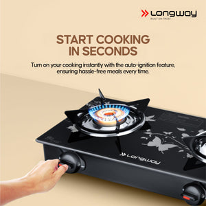 Longway Astra Glass Top, Auto Ignition Glass Gas Stove (Black, ISI Certified, 2 Years Warranty)