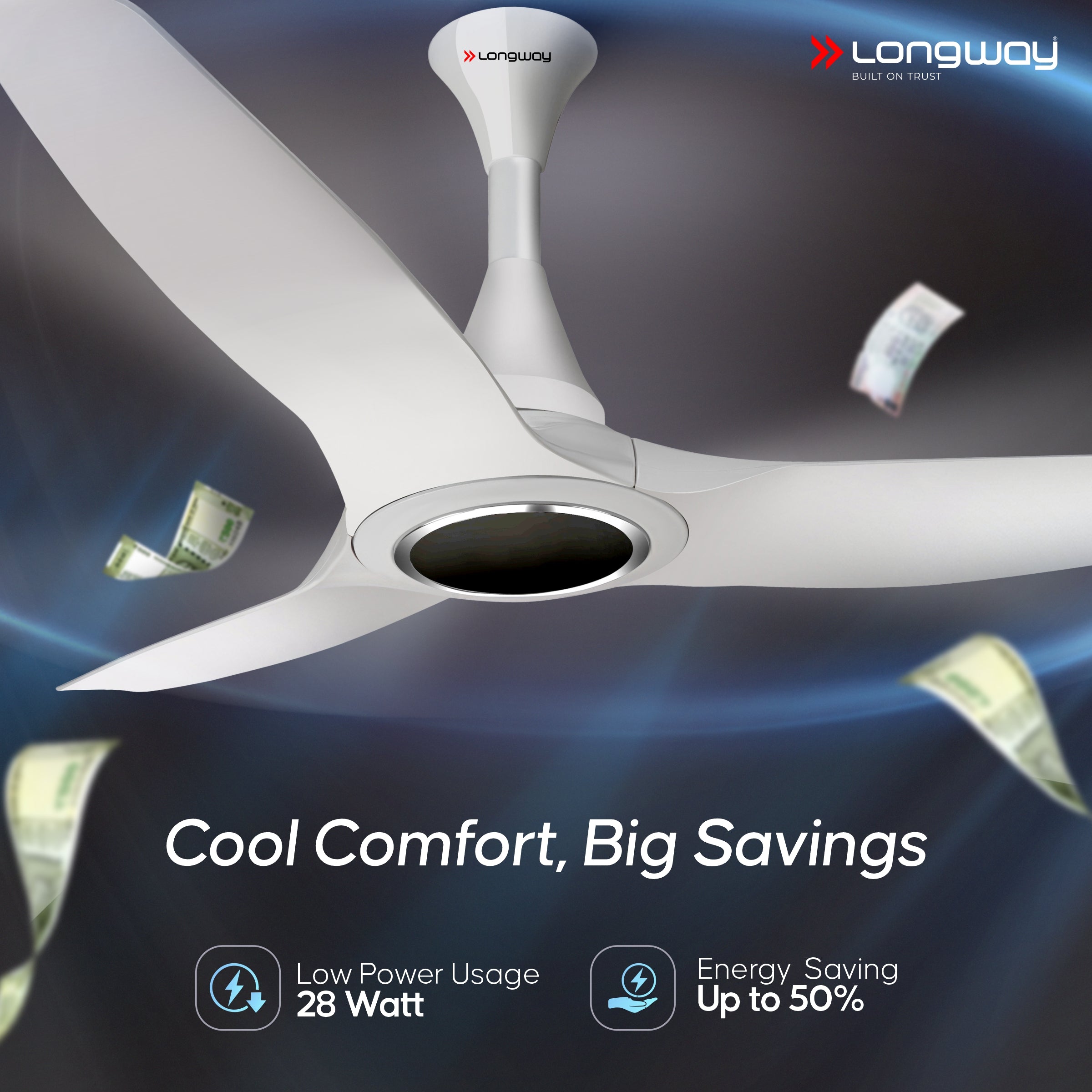 Longway Glideon 1200mm BLDC Ceiling Fan with Remote Control | Premium Look with Ultra Silent Performance | ABS Blade & Body | BEE 5 Star Rated | Anti-Dust Decorative Ceiling Fan | 5 Years Warranty (White, Pack of 1)