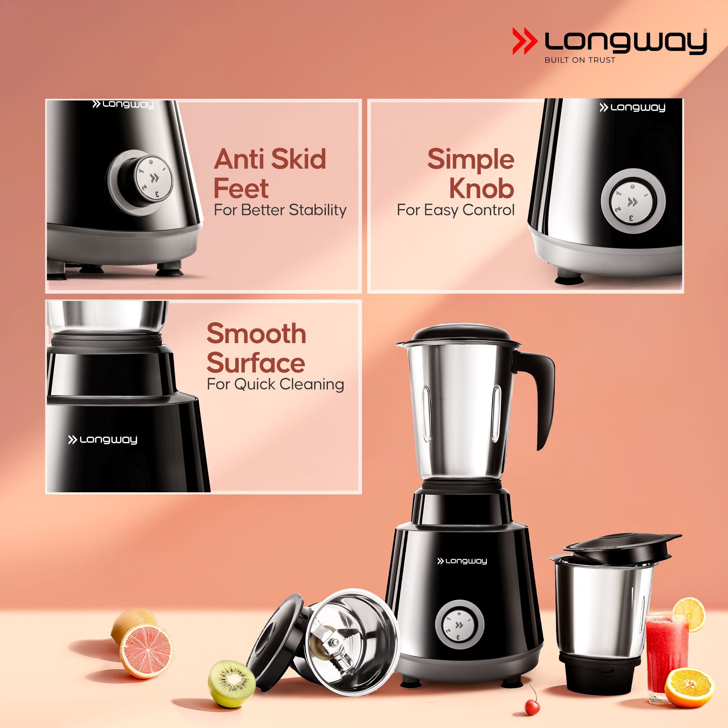 Longway Super Pro 700 - 750 Watt Juicer Mixer Grinder for Grinding, Mixing, Juicing with Powerful Motor with 2 Years Warranty