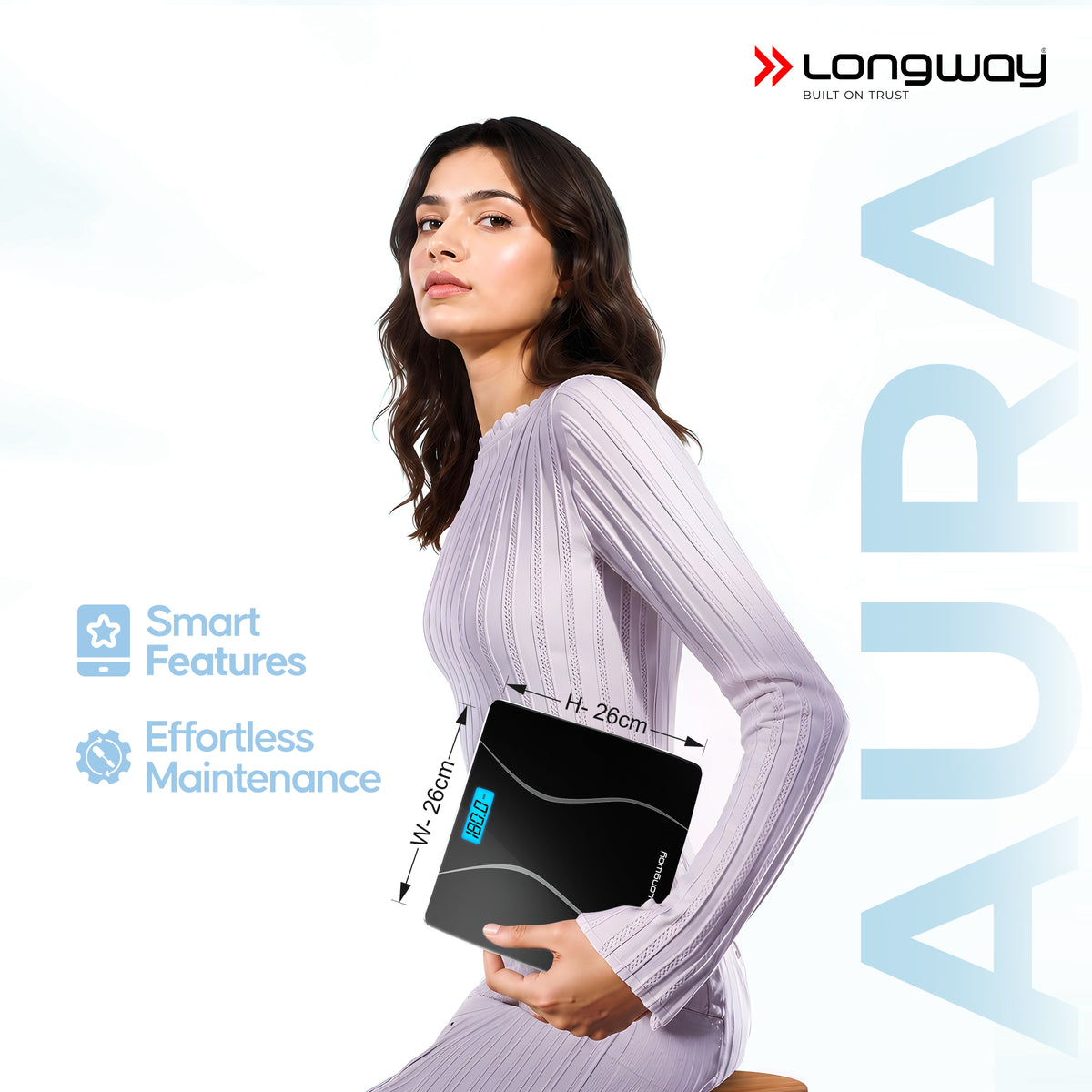 Longway Weight Machine for Home | Digital Bathroom Scale for Human Body Weight Measurement | Extra Thick Tempered Glass with LCD Display (36 Months Warranty | Max Weight 180Kgs | Aura)