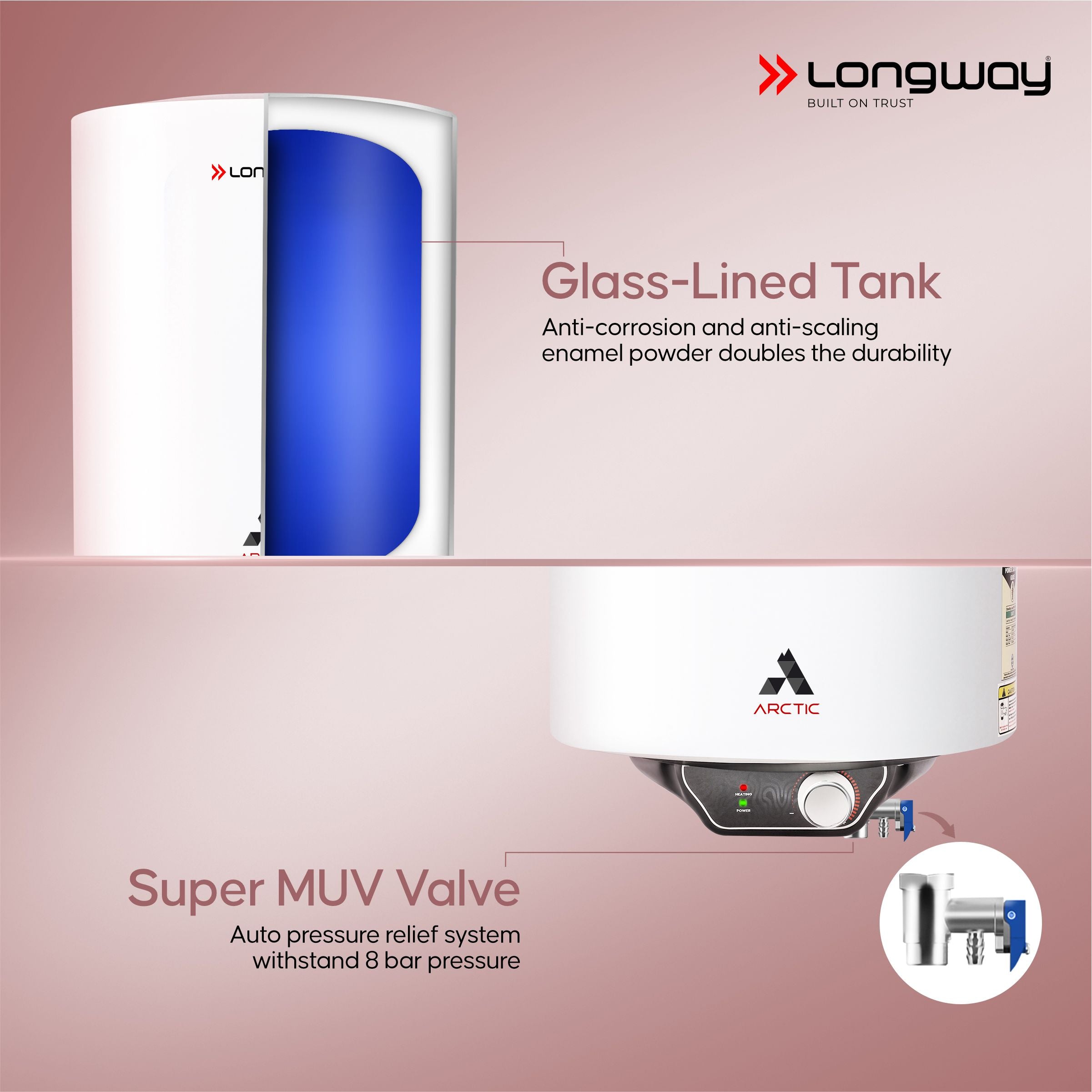 Longway Arctic 25 Ltr 5 Star Rated Storage Water Heater for Home with Advanced Multi-Layered Safety System & Anti-Rust Coating | Glassline Coated Tank | Suitable for Hard Water & High-Rise Building | 5 Years Warranty (White)