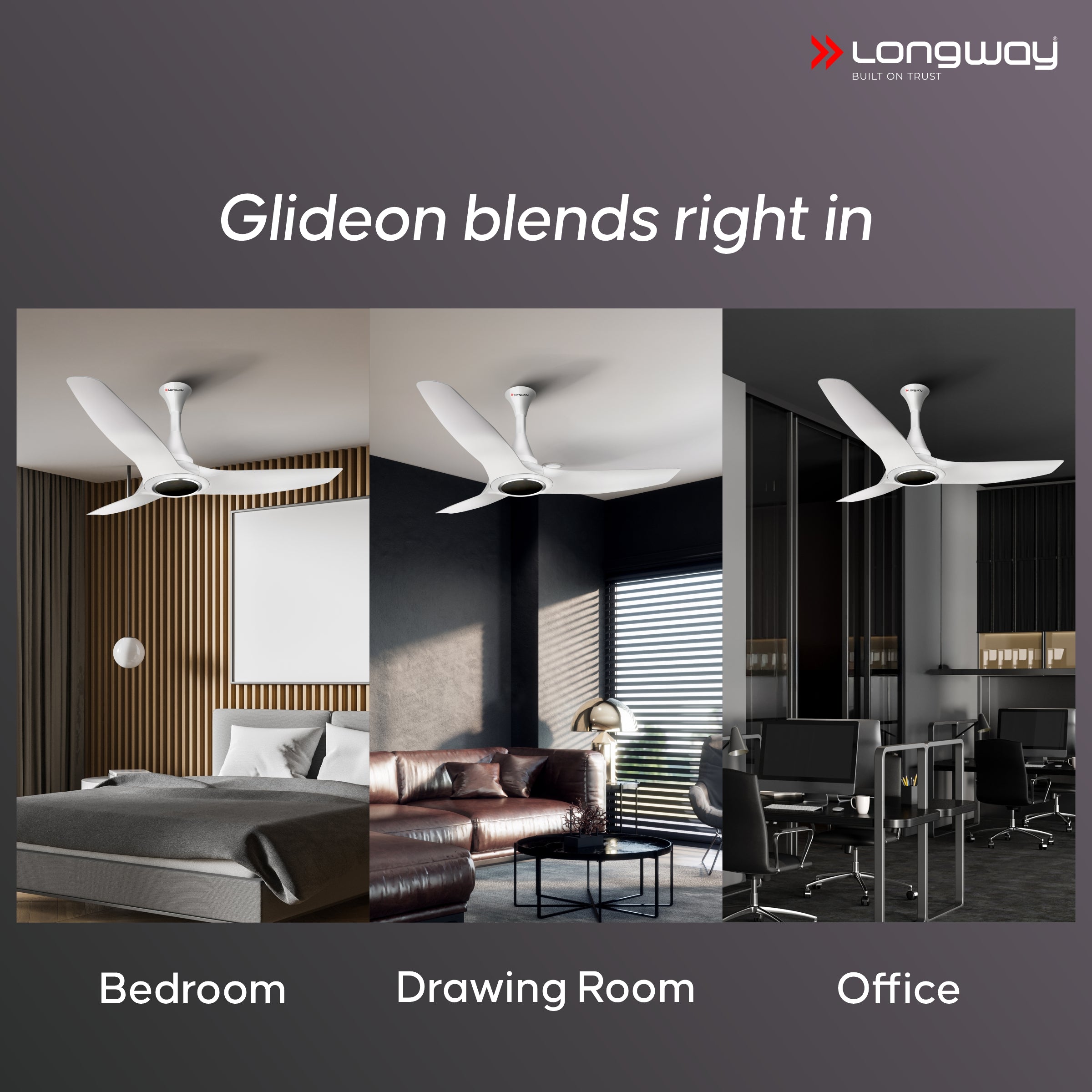 Longway Glideon 1200mm BLDC Ceiling Fan with Remote Control | Premium Look with Ultra Silent Performance | ABS Blade & Body | BEE 5 Star Rated | Anti-Dust Decorative Ceiling Fan | 5 Years Warranty (White, Pack of 1)