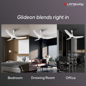 Longway Glideon 1200mm BLDC Ceiling Fan with Remote Control | Premium Look with Ultra Silent Performance | ABS Blade & Body | BEE 5 Star Rated | Anti-Dust Decorative Ceiling Fan | 5 Years Warranty (White, Pack of 1)