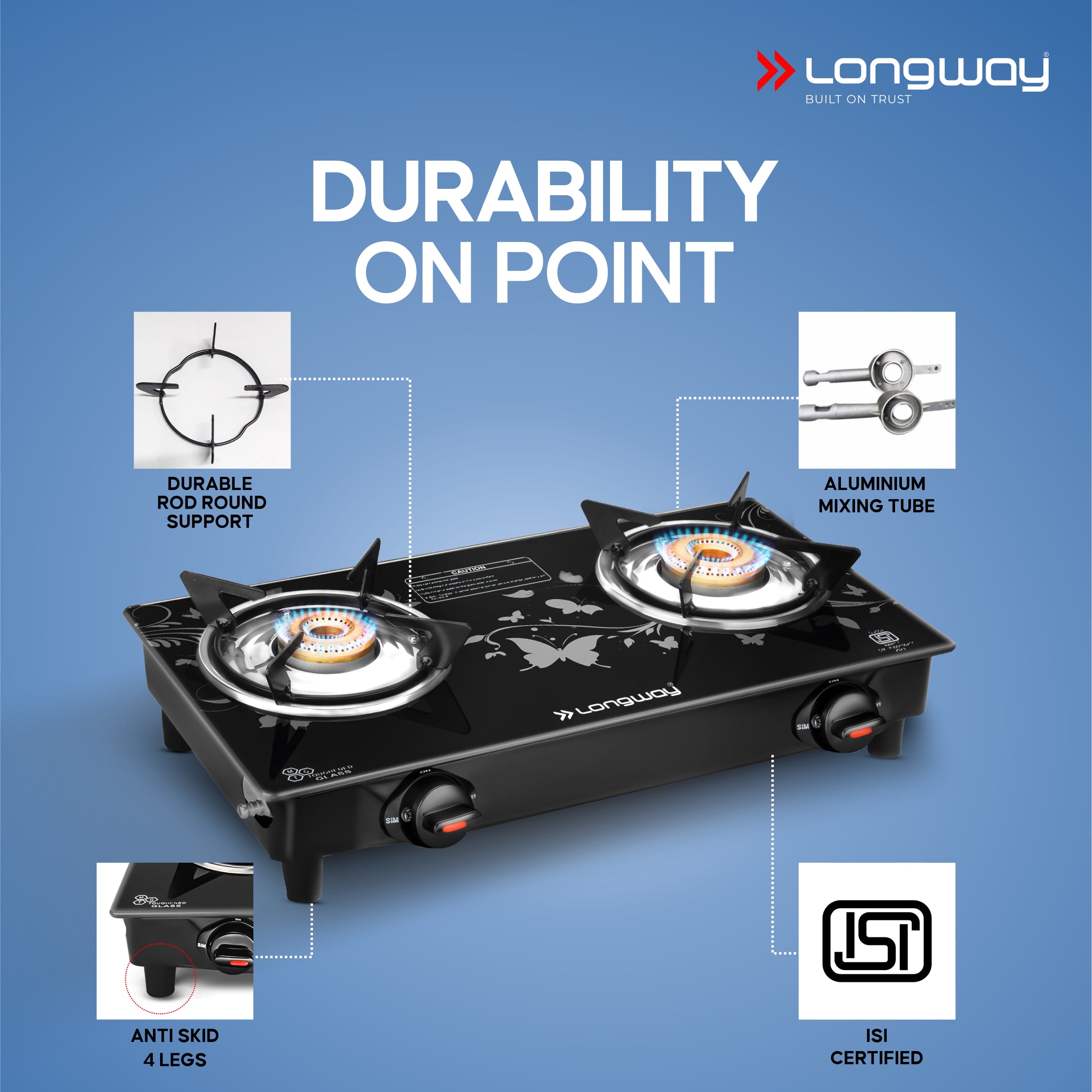 Longway Astra Glass Top, Manual Ignition Glass Gas Stove (Black, ISI Certified, 2 Years Warranty)