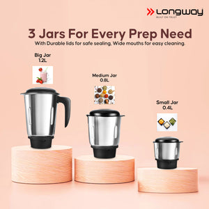 Longway Super Pro Juicer Mixer Grinder | Up to 500 - 750 Watt Max Output Powerful Motor | for Grinding, Mixing, Juicing | 2 Year Warranty