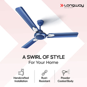 Longway Kiger P1 1200 mm/48 inch Ultra High Speed 3 Blade Anti-Dust Decorative Star Rated Ceiling Fan (Silver Blue)