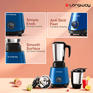 Longway Super Pro Juicer Mixer Grinder | Up to 500 - 750 Watt Max Output Powerful Motor | for Grinding, Mixing, Juicing | 2 Year Warranty