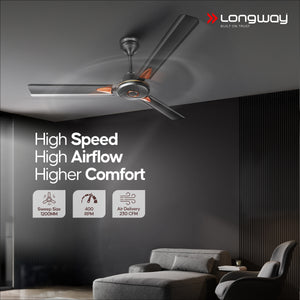 Longway Aero 1200 mm BLDC Ceiling Fan with Remote Control | BEE 5 Star Rated Energy Efficient | Ultra High Speed 3 Blade Anti-Dust Decorative Ceiling Fan