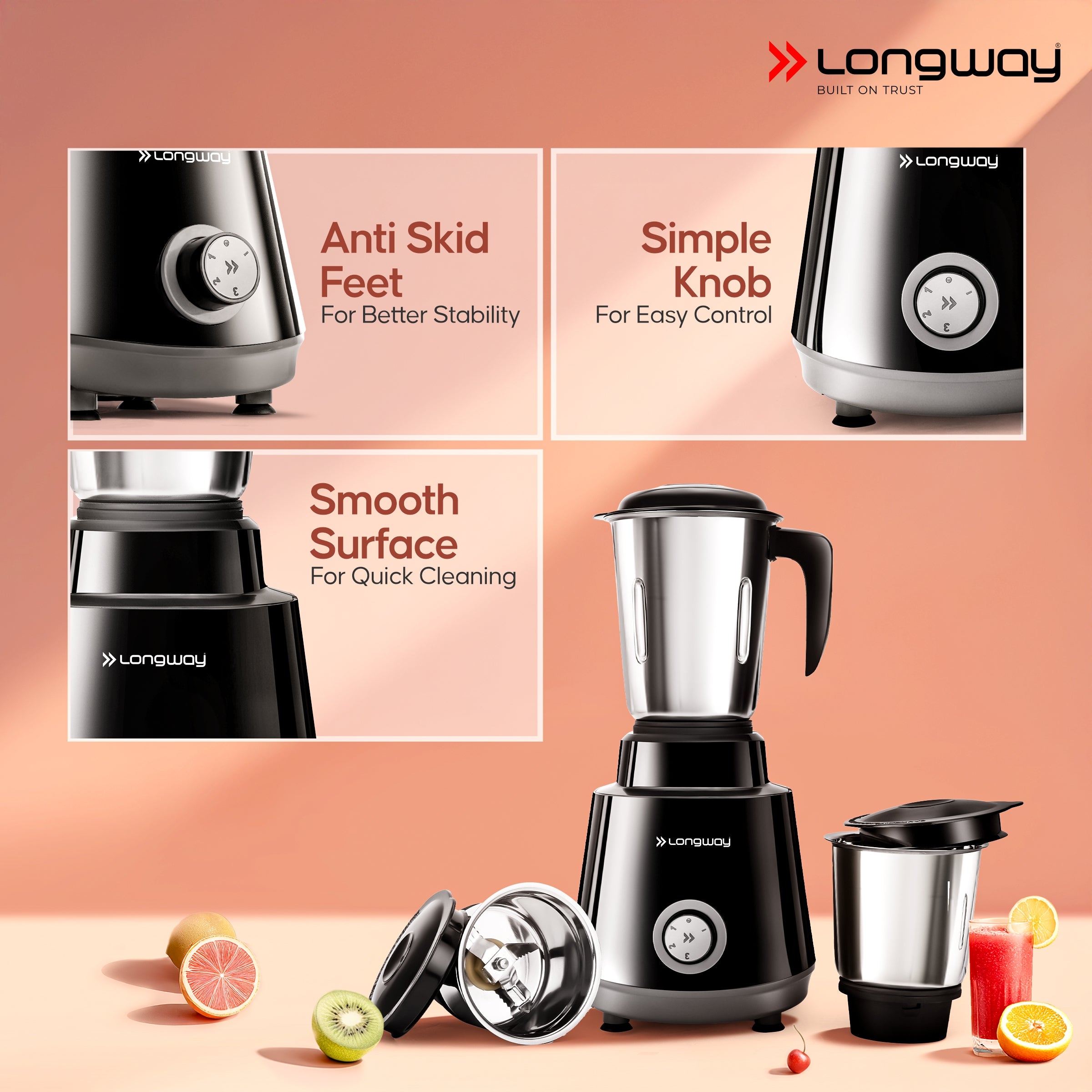 Longway Super Pro Juicer Mixer Grinder | Up to 500 - 750 Watt Max Output Powerful Motor | for Grinding, Mixing, Juicing | 2 Year Warranty