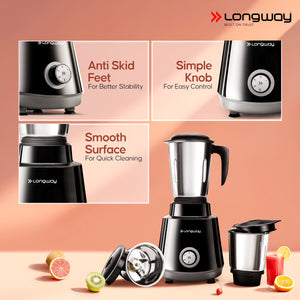 Longway Super Pro Juicer Mixer Grinder | Up to 500 - 750 Watt Max Output Powerful Motor | for Grinding, Mixing, Juicing | 2 Year Warranty