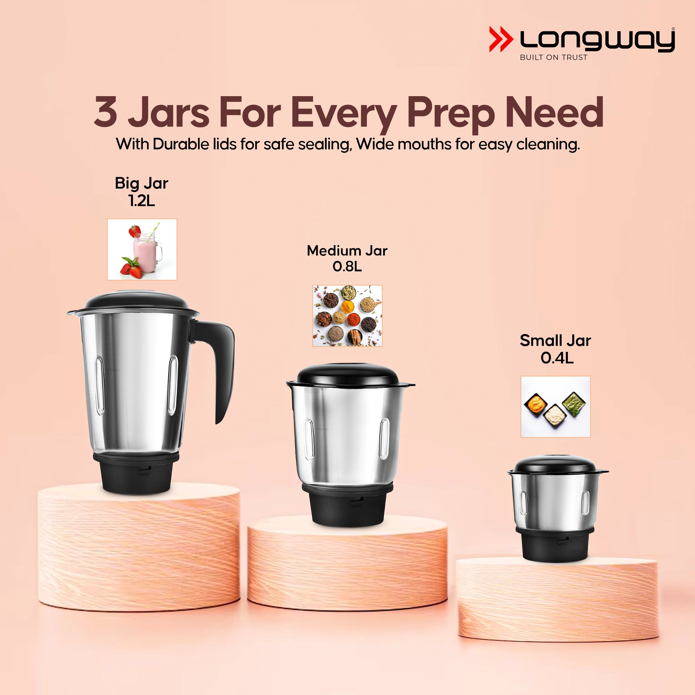 Longway Super Pro Juicer Mixer Grinder | Up to 500 - 750 Watt Max Output Powerful Motor | for Grinding, Mixing, Juicing | 2 Year Warranty
