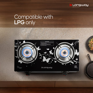 Longway Astra Glass Top, Auto Ignition Glass Gas Stove (Black, ISI Certified, 2 Years Warranty)