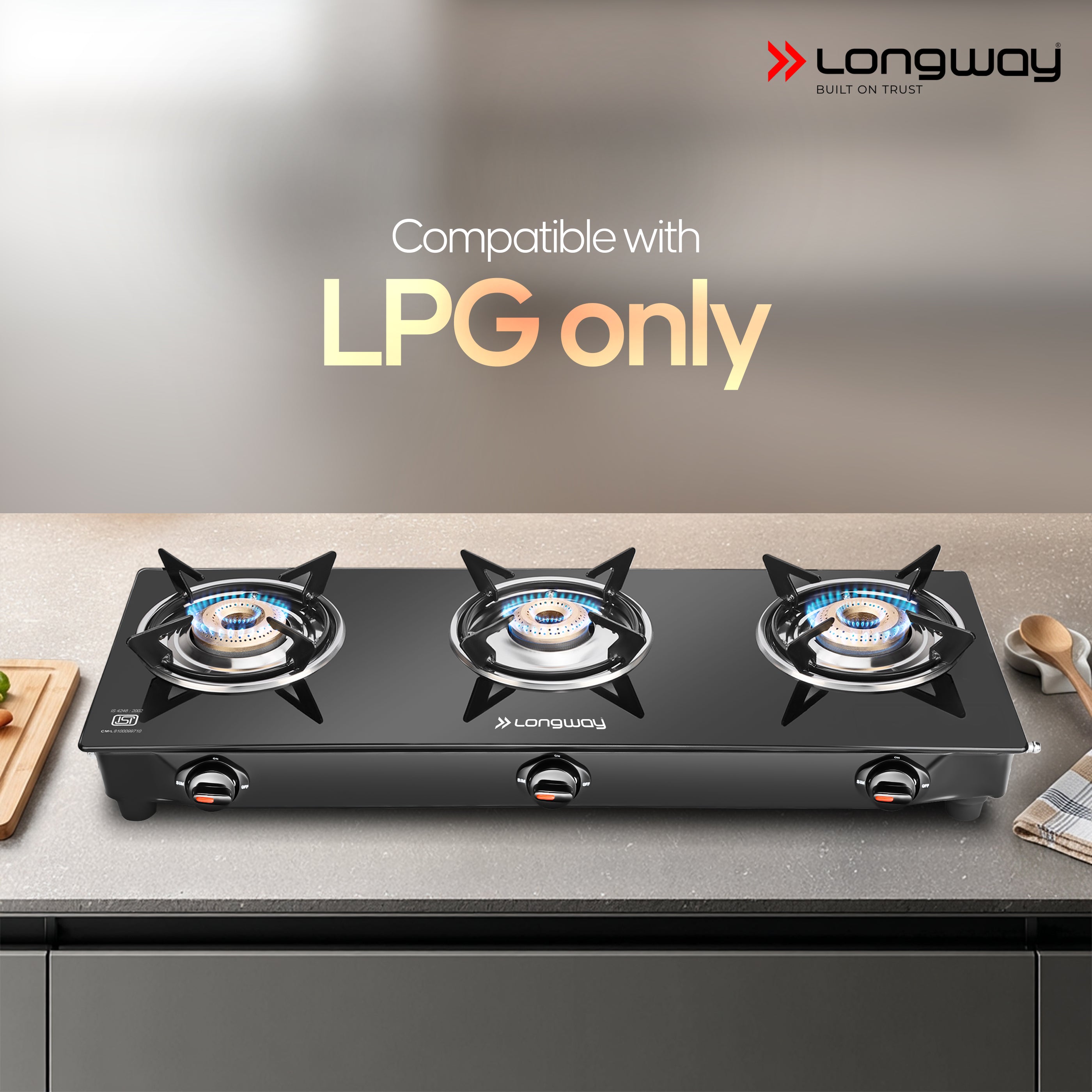 Longway Furn Glass Top, 3 Burner Auto Ignition Glass Gas Stove (Black, ISI Certified, 2 Years Warranty)