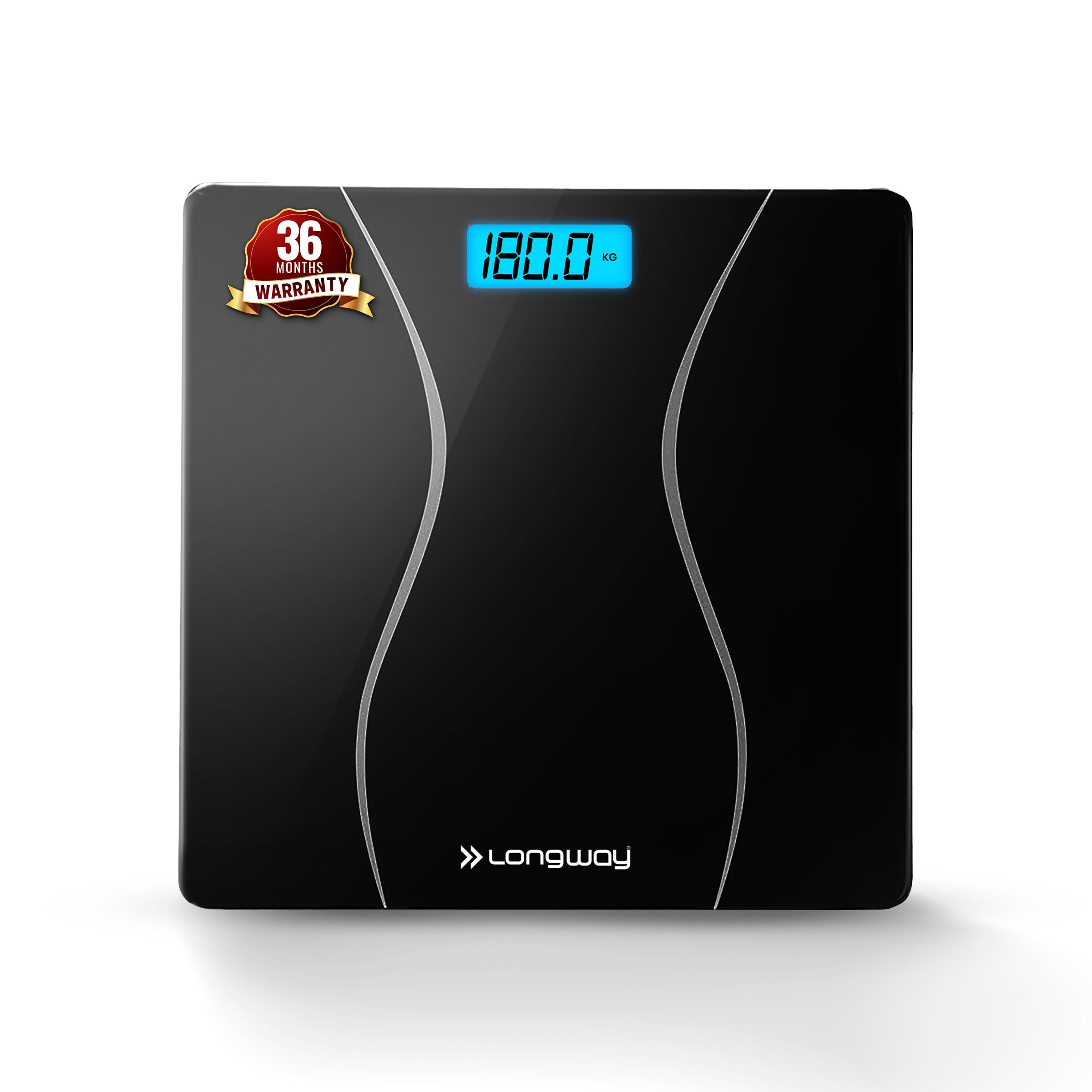 Longway Weight Machine for Home | Digital Bathroom Scale for Human Body Weight Measurement | Extra Thick Tempered Glass with LCD Display (36 Months Warranty | Black | Max Weight 180Kgs | Aura)