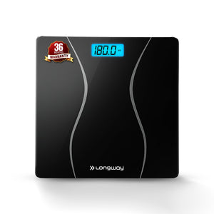 Longway Weight Machine for Home | Digital Bathroom Scale for Human Body Weight Measurement | Extra Thick Tempered Glass with LCD Display (36 Months Warranty | Black | Max Weight 180Kgs | Aura)