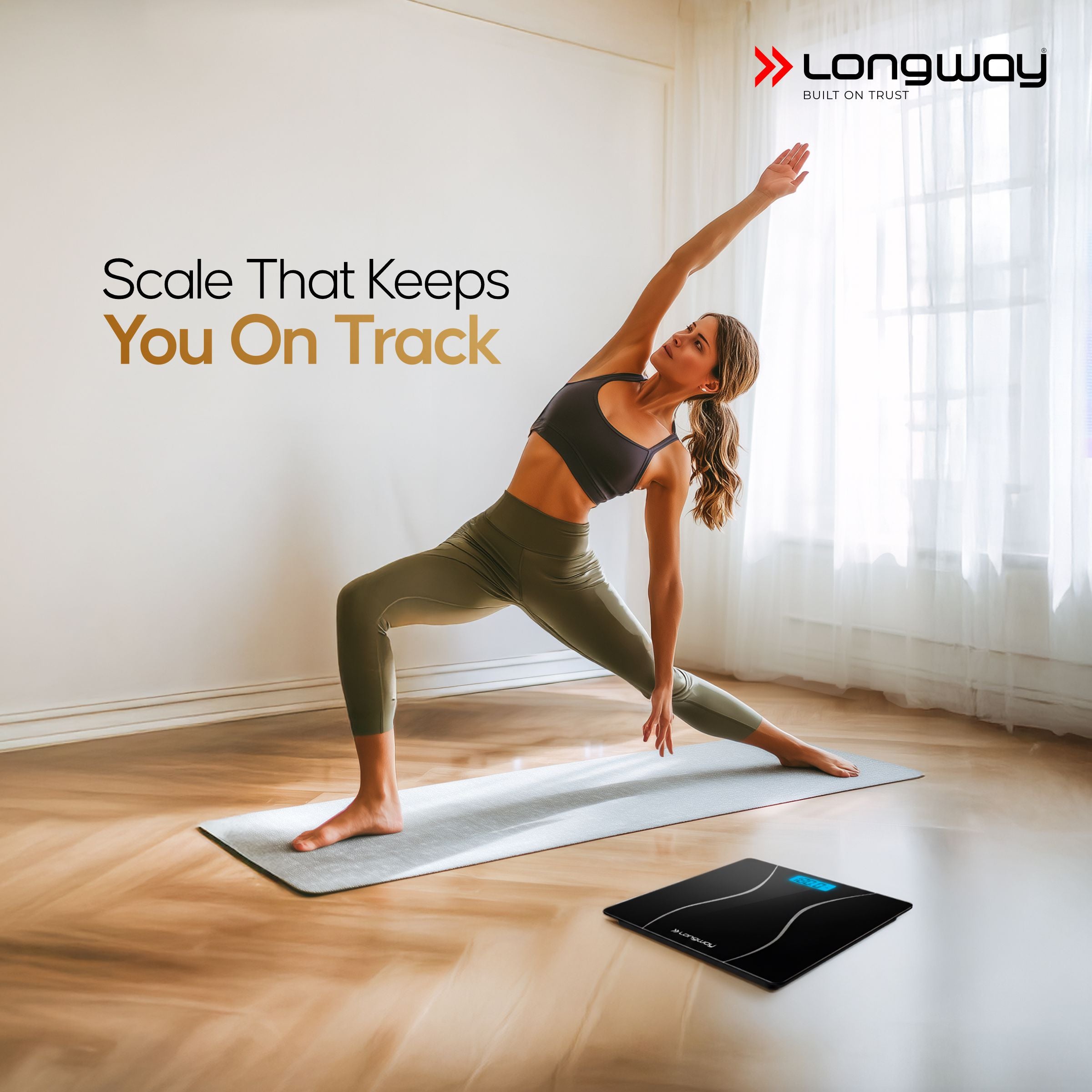 Longway Weight Machine for Home | Digital Bathroom Scale for Human Body Weight Measurement | Extra Thick Tempered Glass with LCD Display (36 Months Warranty | Black | Max Weight 180Kgs | Aura)