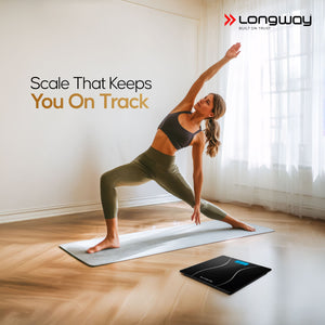 Longway Weight Machine for Home | Digital Bathroom Scale for Human Body Weight Measurement | Extra Thick Tempered Glass with LCD Display (36 Months Warranty | Black | Max Weight 180Kgs | Aura)
