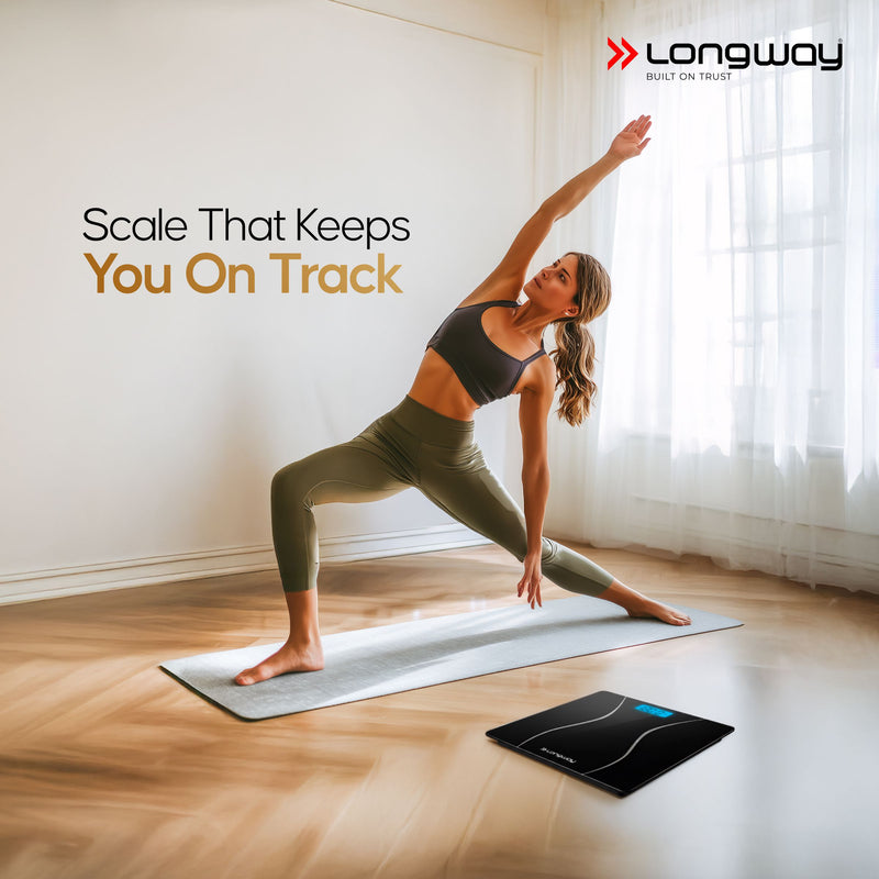 Longway Weight Machine for Home | Digital Bathroom Scale for Human Body Weight Measurement | Extra Thick Tempered Glass with LCD Display (36 Months Warranty | Black | Max Weight 180Kgs | Aura)