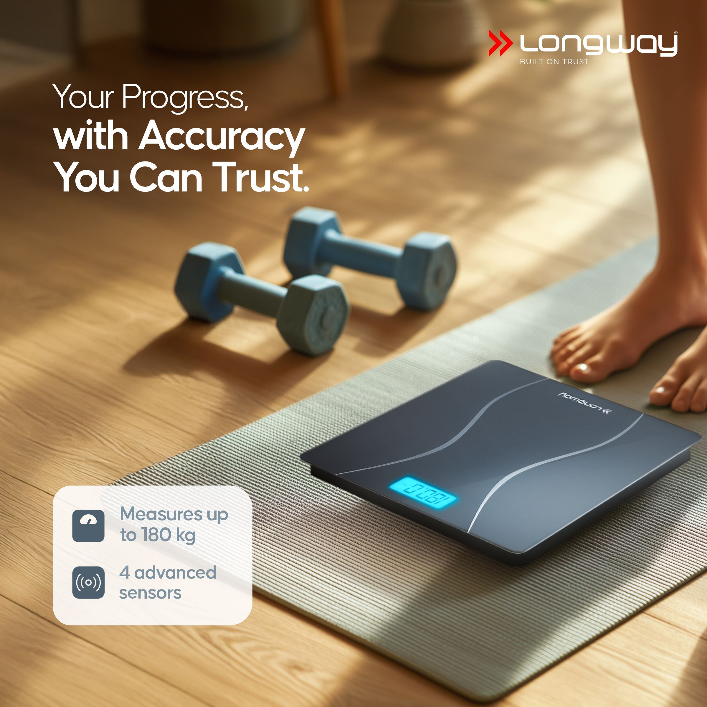 Longway Weight Machine for Home | Digital Bathroom Scale for Human Body Weight Measurement | Extra Thick Tempered Glass with LCD Display (36 Months Warranty | Black | Max Weight 180Kgs | Aura)