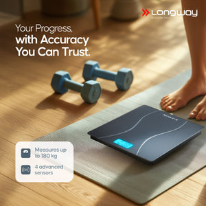 Longway Weight Machine for Home | Digital Bathroom Scale for Human Body Weight Measurement | Extra Thick Tempered Glass with LCD Display (36 Months Warranty | Black | Max Weight 180Kgs | Aura)