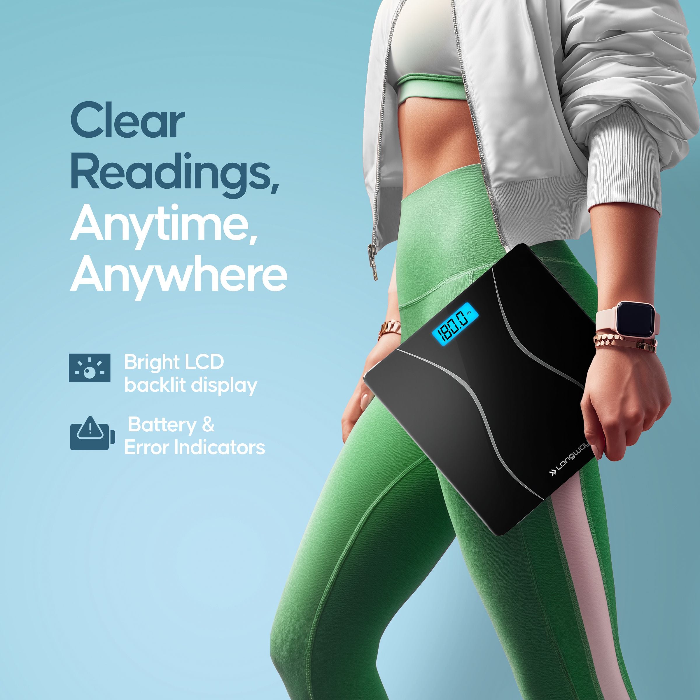 Longway Weight Machine for Home | Digital Bathroom Scale for Human Body Weight Measurement | Extra Thick Tempered Glass with LCD Display (36 Months Warranty | Black | Max Weight 180Kgs | Aura)