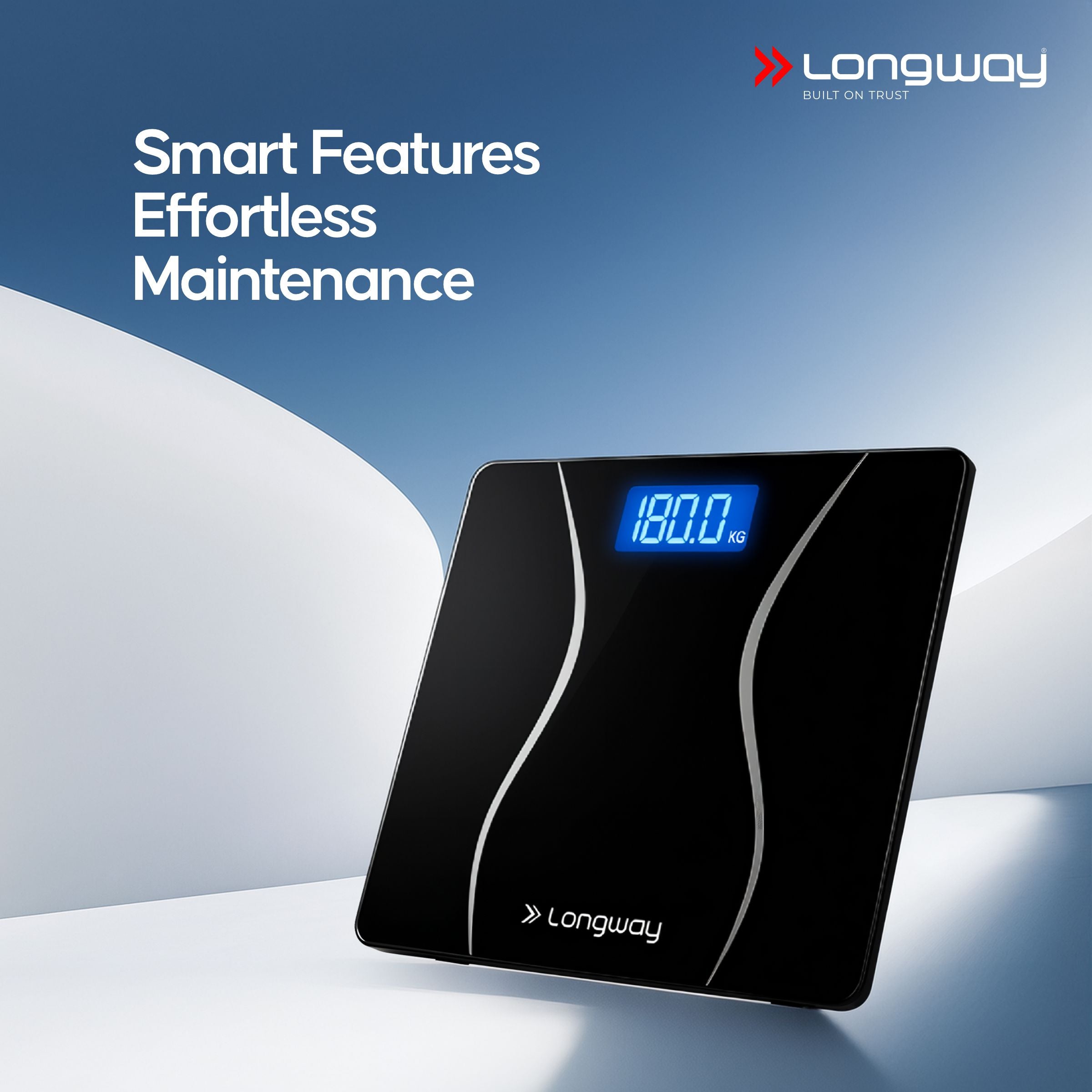 Longway Weight Machine for Home | Digital Bathroom Scale for Human Body Weight Measurement | Extra Thick Tempered Glass with LCD Display (36 Months Warranty | Black | Max Weight 180Kgs | Aura)
