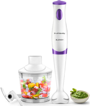 Longway Blendy Hand Blender with Chopper | Stainless Steel Blades | Detachable Anti Splash Plastic Foot | Perfect for Smooth Blends (300 W, Purple)