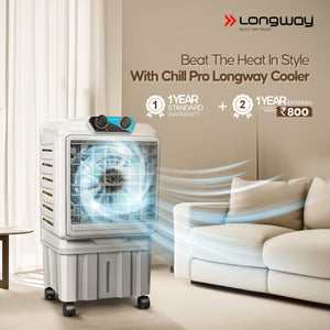 Longway Chill Pro 30 Ltr Portable Air Cooler for Home | Densenest Honeycomb Pads | Fully collapsible Louvers | 20% More Speed Air Delivery | Lower Power Consumption | Inverter Compatible | Air Cooler For Room (Gray, 30L)