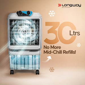 Longway Chill Pro 30 Ltr Portable Air Cooler for Home | Densenest Honeycomb Pads | Fully collapsible Louvers | 20% More Speed Air Delivery | Lower Power Consumption | Inverter Compatible | Air Cooler For Room (Gray, 30L)