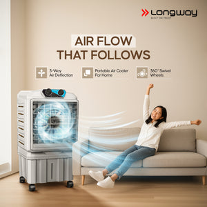 Longway Chill Pro 30 Ltr Portable Air Cooler for Home | Densenest Honeycomb Pads | Fully collapsible Louvers | 20% More Speed Air Delivery | Lower Power Consumption | Inverter Compatible | Air Cooler For Room (Gray, 30L)