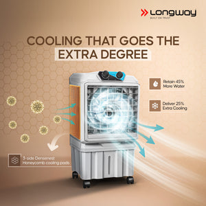 Longway Chill Pro 30 Ltr Portable Air Cooler for Home | Densenest Honeycomb Pads | Fully collapsible Louvers | 20% More Speed Air Delivery | Lower Power Consumption | Inverter Compatible | Air Cooler For Room (Gray, 30L)