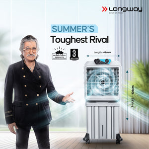 Longway Chill Pro 50 Ltr Portable Air Cooler for Home | Densenest Honeycomb Pads | Fully collapsible Louvers | 20% More Speed Air Delivery | Lower Power Consumption | Inverter Compatible | Air Cooler For Room (Gray, 50L)