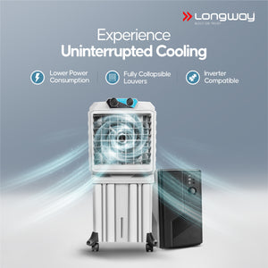Longway Chill Pro 50 Ltr Portable Air Cooler for Home | Densenest Honeycomb Pads | Fully collapsible Louvers | 20% More Speed Air Delivery | Lower Power Consumption | Inverter Compatible | Air Cooler For Room (Gray, 50L)
