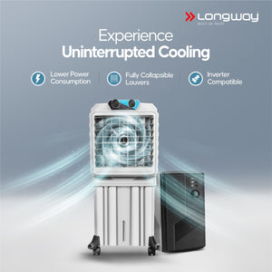 Longway Chill Pro 50 Ltr Portable Air Cooler for Home | Densenest Honeycomb Pads | Fully collapsible Louvers | 20% More Speed Air Delivery | Lower Power Consumption | Inverter Compatible | Air Cooler For Room (Gray, 50L)