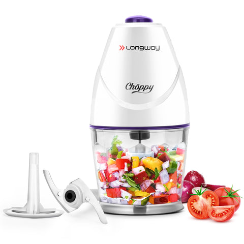Longway Choppy 400 Watts Electric Vegetable Chopper with Stainless Steel Blades | Chopper, Cutter, Mince, Dice, Whisk Blend | 1 Year Warranty (800 ml, Purple)