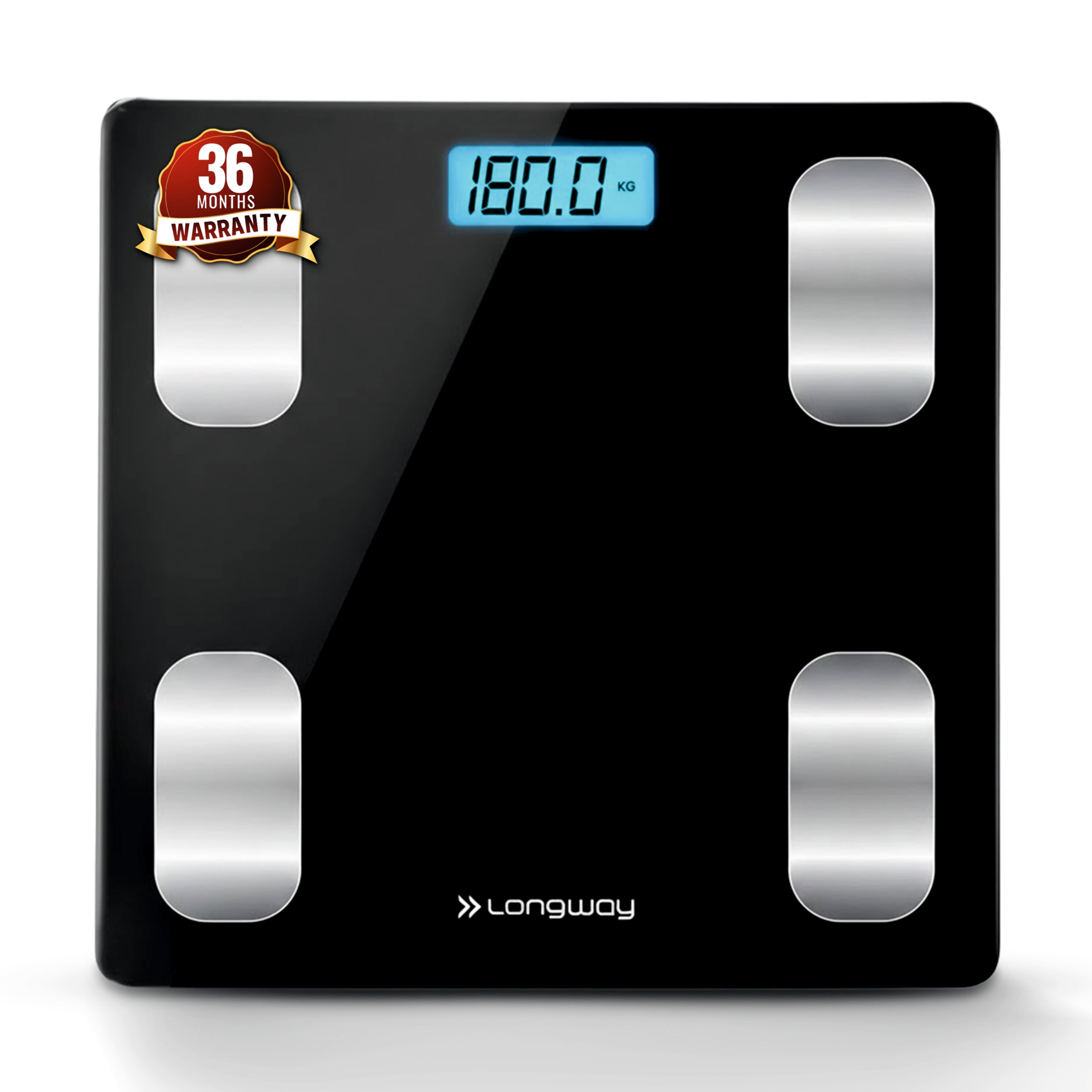 Longway Weight Machine for Home | Digital Bathroom Scale for Human Body Weight Measurement | Extra Thick Tempered Glass with LCD Display (36 Months Warranty | Black | Max Weight 180Kgs | Core)